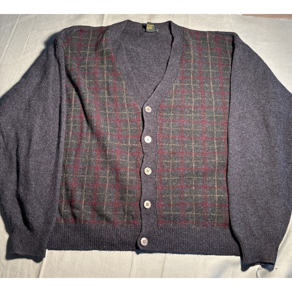 Club Room Mens XL Cardigan Sweater 100% Lambswool Plaid Gray V-Neck Vintage